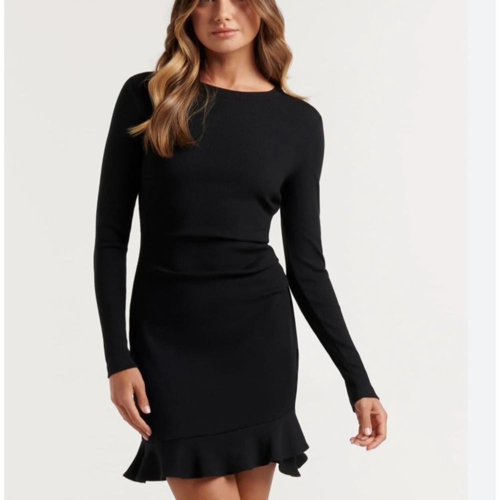 Forever New Dress 2 Annie Rib Long Sleeve Frill Minimalist Sustainable LBD Black